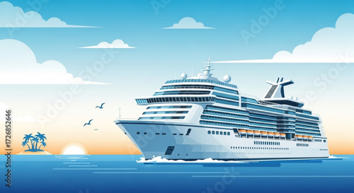 Illustration of a cruise ship sailing on the ocean with island, birds, clouds and sky at sunset
