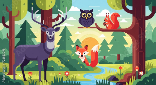 Illustration of a forest scene with a deer, owl, squirrel, fox, trees, and a stream in a cartoon style