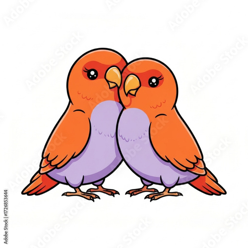 Cute couple of orange lovebird parrots cartoon illustration snuggling together