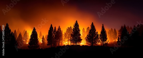 The wildfire rapidly engulfs the dense pine forest beneath a blazing orange night sky