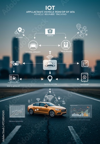 Autonomous Electric Car on City Street with Digital Infographics and Smart Technology