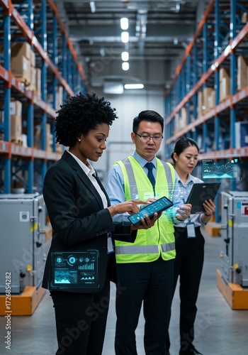 Business Professionals Analyzing Data in Warehouse with Digital Devices