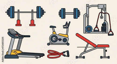 Illustration of various gym equipment including a treadmill weight bench and stationary bicycle shown