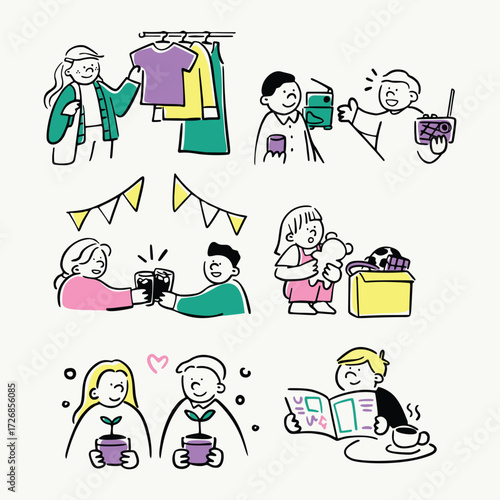 Fun doodle illustrations of various weekend flea market activities in outdoor settings