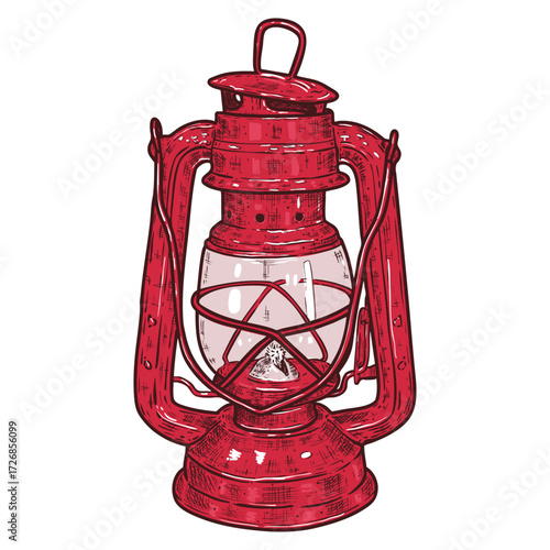 Hand drawn vintage red kerosene lamp. Vector illustration.