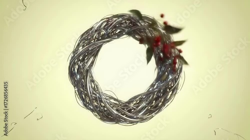 Stylized 3d animation of a festive christmas wreath with growing green leaves and red berries
