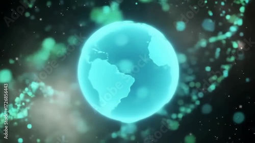 Stylized 3d animation of a futuristic rotating earth globe surrounded by glowing abstract particles
