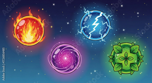 Illustration showing four elemental orbs representing fire lightning vortex and earth against a starry background