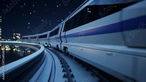 Stylized 3d animation of a futuristic high-speed train moving on tracks through a modern city at night
