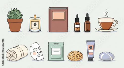 Illustration of spa and relaxation items including candle book essential oils and skincare products arranged neatly