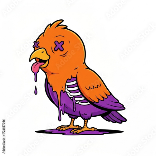Vibrant Undead Bird Illustration with Exposed Ribs and Dripping Purple Ooze
