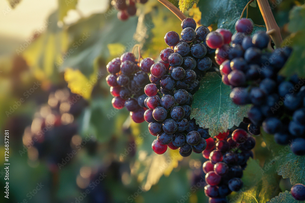 Fototapeta premium Clusters of dark grapes dangle from green vines in a vineyard, illuminated by warm sunlight during late afternoon