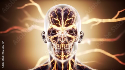 Stylized 3d animation of human anatomy with a glowing brain and nervous system inside the skull
