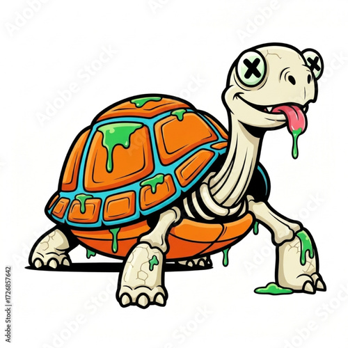 Whimsical skeletal turtle cartoon character dripping vibrant green slime, a playful reanimated reptile illustration