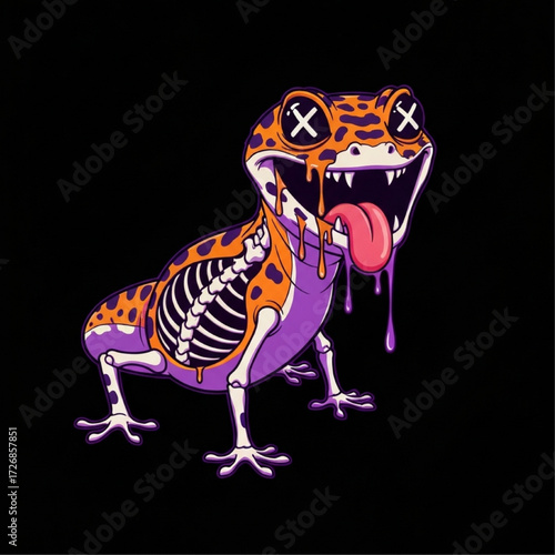 Psychedelic Zombie Gecko with Dripping Tongue and Visible Skeleton