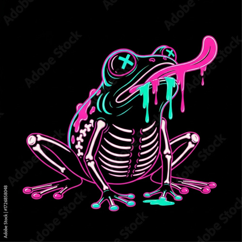 Neon Frog Skeleton Psychedelic Amphibian Illustration