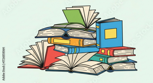 Illustration of a colorful stack of books with open and closed pages against a light background color