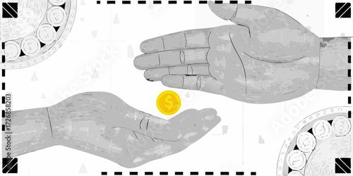 Two hands exchanging a gold coin with dollar sign in a stylized graphic with mechanical elements