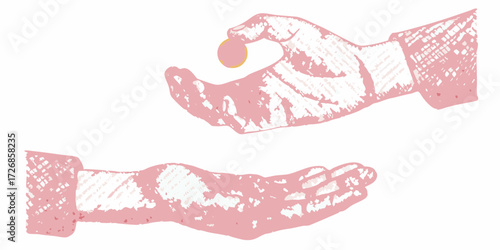 Stylized illustration of two hands one giving a coin to the other symbolizing charity and financial exchange