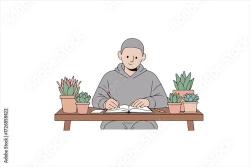 Illustration of a person in a grey hoodie writing in a book at a desk surrounded by potted succulent plants.