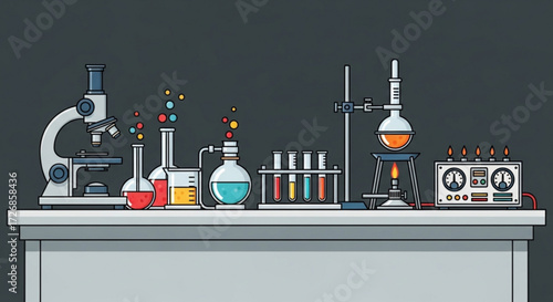 Illustration of a laboratory setup with microscope beakers test tubes and various scientific equipment