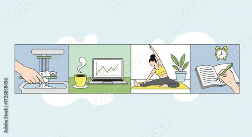 A collage showing a person brushing their teeth, working on a laptop, stretching, and writing in a notebook