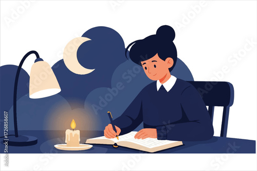 A young woman writing in a notebook at night, illuminated by a candle and lamp.