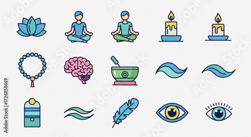 Illustration of yoga and meditation elements including lotus position and various spiritual symbols