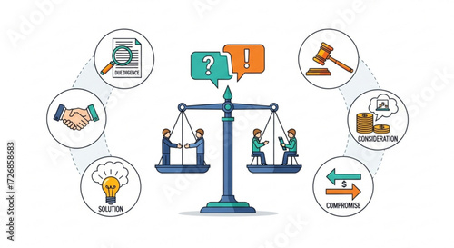 Illustration depicting business negotiation process with scales, speech bubbles, and various business icons