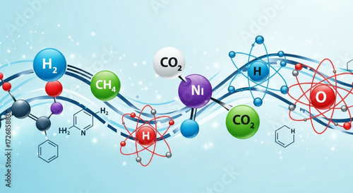 Illustration showing various molecular structures including h2 ch4 co2 ni and other chemical formulas shown