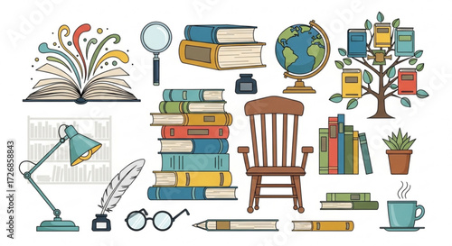 Illustration of a study room setup featuring books globe lamp chair and various study related items
