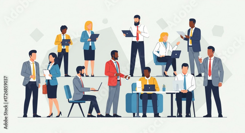 Diverse group of professional people in business attire working in a corporate environment setting scene