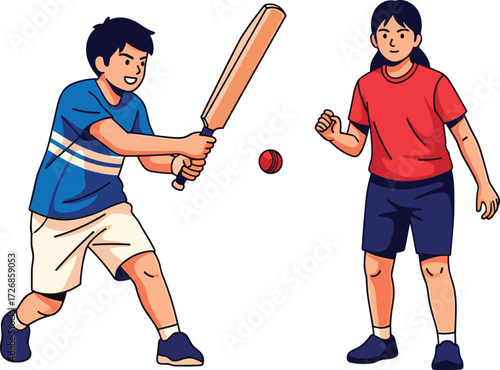 Two kids playing cricket together, boy batting with wooden cricket bat, girl throwing cricket ball, colorful sportswear,