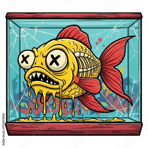 Mutated Goldfish in Shattered Tank Illustrates Surreal Aquatic Decay and Environmental Distress