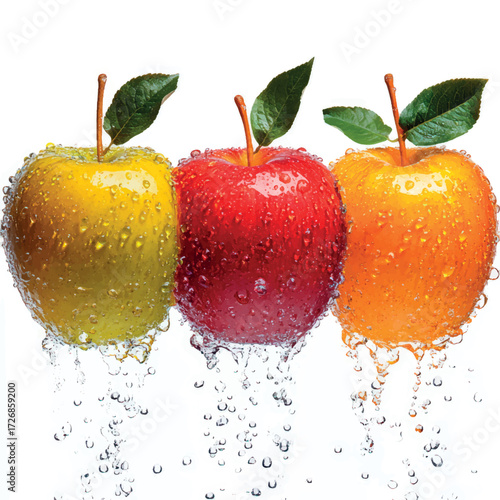 Three apples isolate. Three juicy apples. Apple juice. Print with apples. Template for apple juice packaging design. Juicy fruits. Number 3 math counting.	
