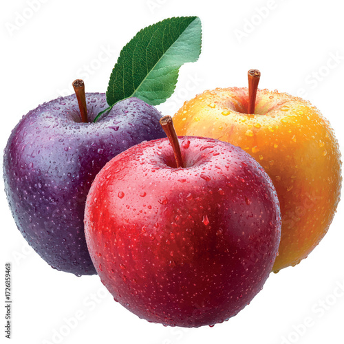 Three apples isolate. Three juicy apples. Apple juice. Print with apples. Template for apple juice packaging design. Juicy fruits. Number 3 math counting.	