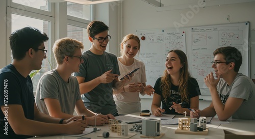 Group of Young Students Collaborating in Modern Classroom with Whiteboards and Technology