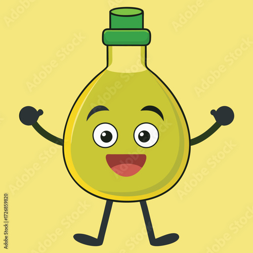 Smiling olive oil bottle character with arms and legs on a yellow background