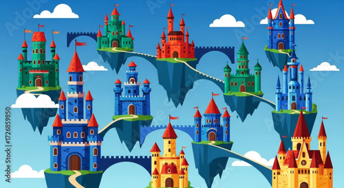 Illustration showing multiple colorful castles connected by bridges floating in the sky with clouds above