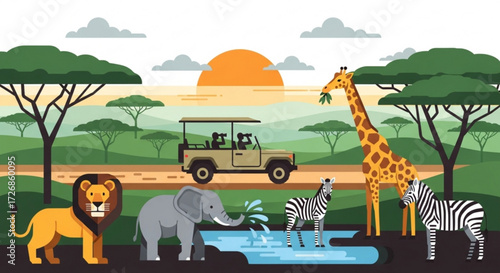 Illustration of a safari scene with animals, a jeep, trees, and a sunset in the background landscape