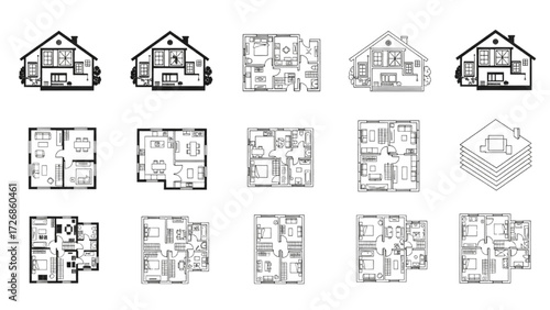 2D Floor Plan Vector Icons with Furniture – Black and White House, Apartment, Villa Layouts AI EPS PNG JPEG
