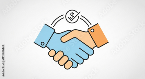 Illustration of a handshake between two individuals with a dollar sign and checkmark above it