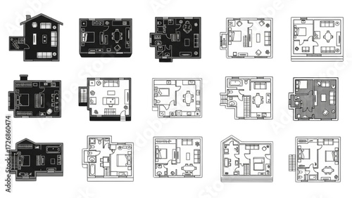 2D Floor Plan Vector Icons with Furniture – Black and White House, Apartment, Villa Layouts AI EPS PNG JPEG
