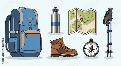 Illustration of hiking gear including a backpack, water bottle, map, boot, compass, and hiking sticks