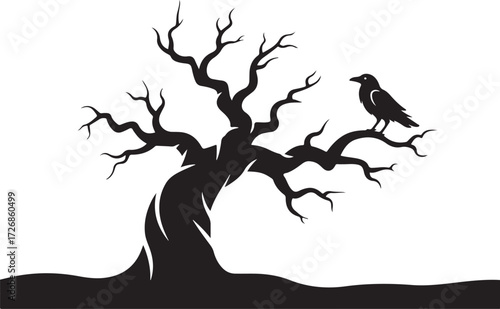Silhouette of a bare twisted tree with a crow perched on a branch