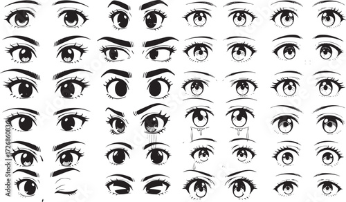 set of girl eyes vector with different looks and emotions 