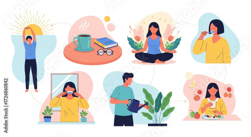 Illustration showing a daily routine with activities like stretching, reading, meditation, and eating