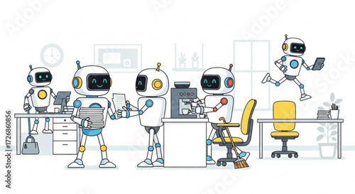 Illustration of robots working in an office environment with desks, chairs, and office equipment and tasks