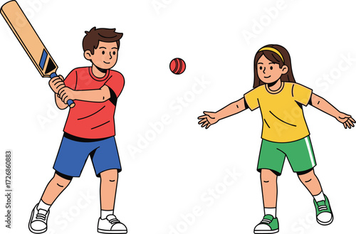 Two kids playing cricket together, boy batting with wooden cricket bat, girl throwing cricket ball, colorful sportswear,