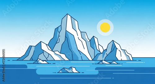 Illustration of icebergs floating in the ocean under a bright sun with a clear blue sky backdrop scene